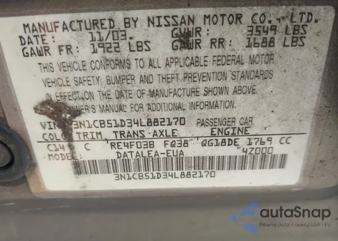 2004 Nissan Sentra 1.8S z USA, uszkodzony, nr VIN 3N1CB51D34L882170